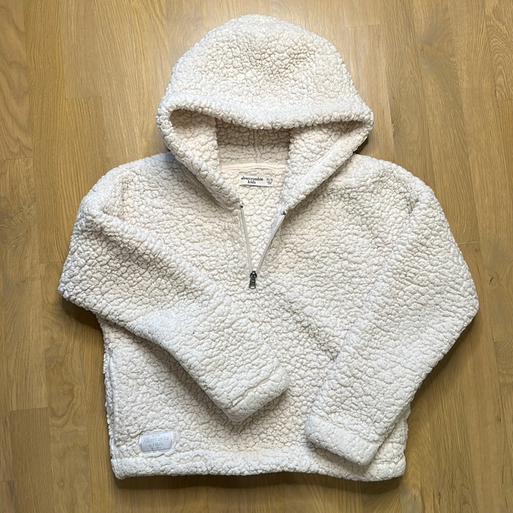 Abercrombie Sherpa Cream White Teddy Bear Pullover Zip Girls Size 11/12